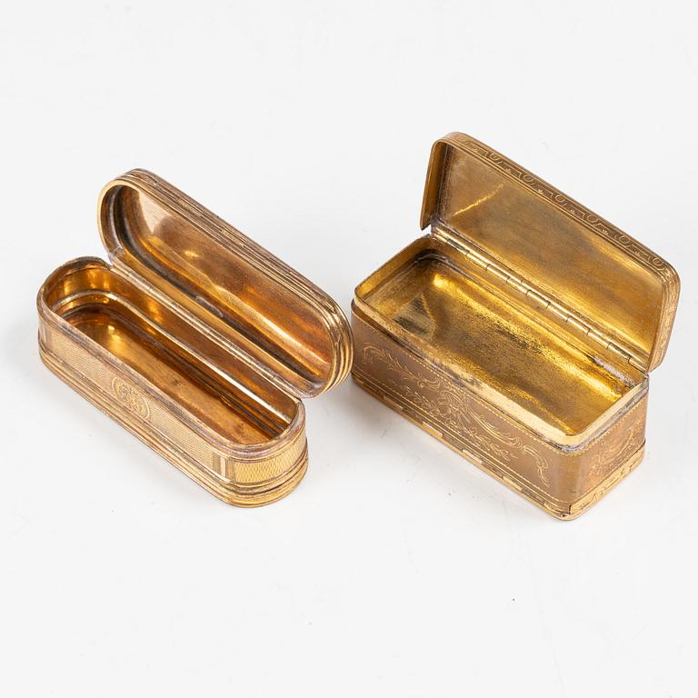 Two gilt-copper snuff boxes, France, 18th century.