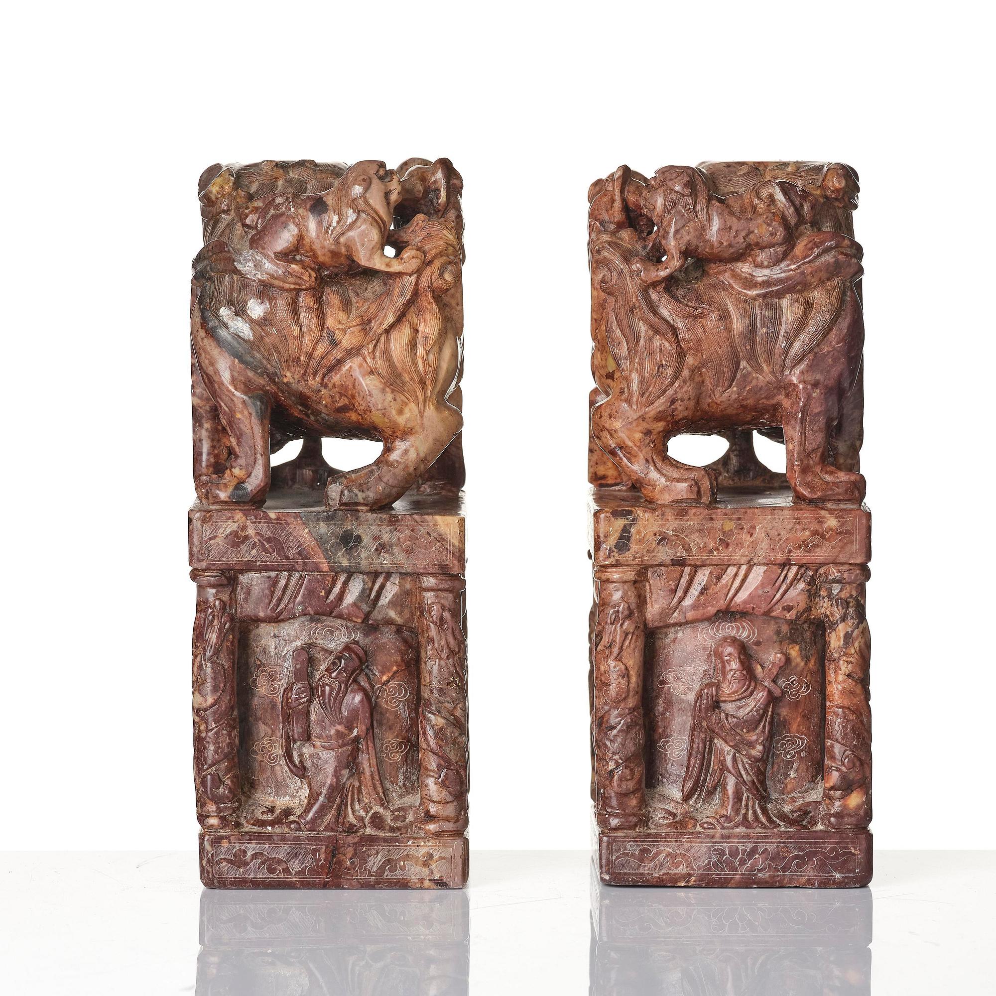 A pair of large soapstone seal stamps, late Qing dynasty/circa 1900.