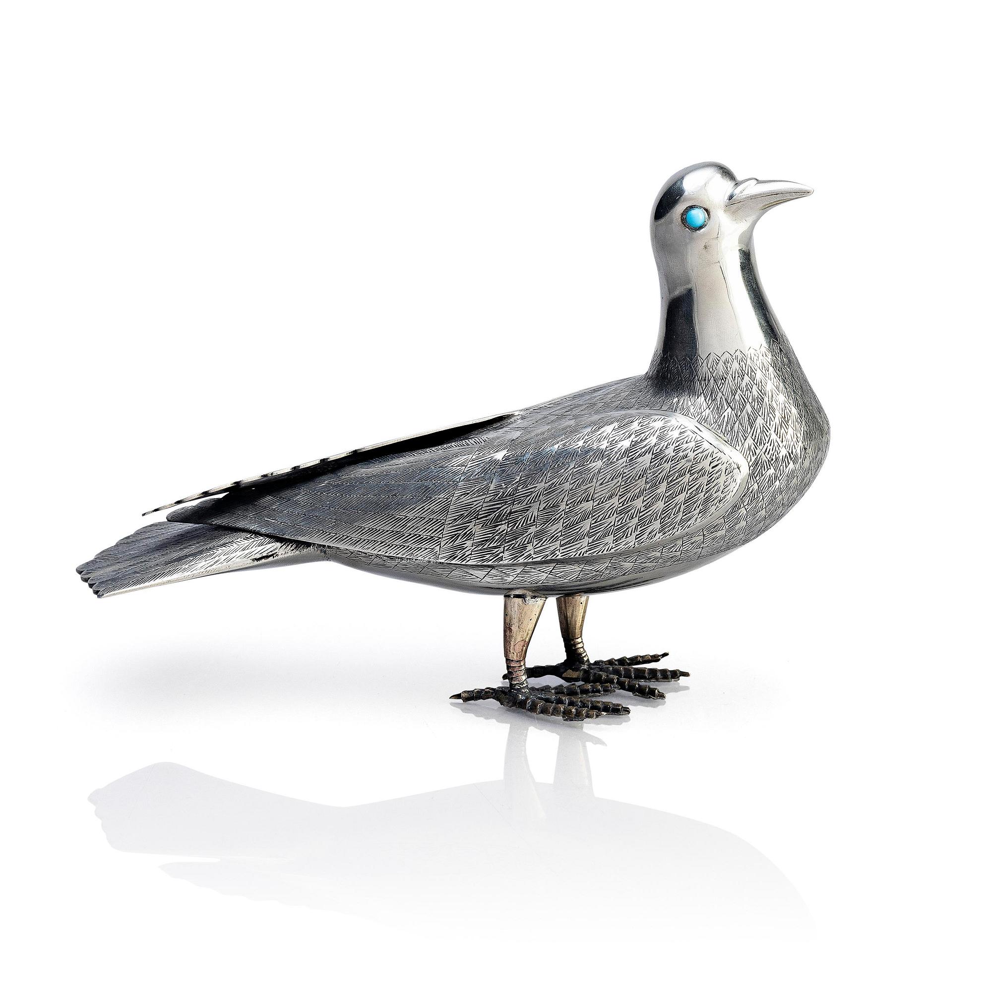 A Persian silver pigeon, the Qajar dynasty (1789–1925).