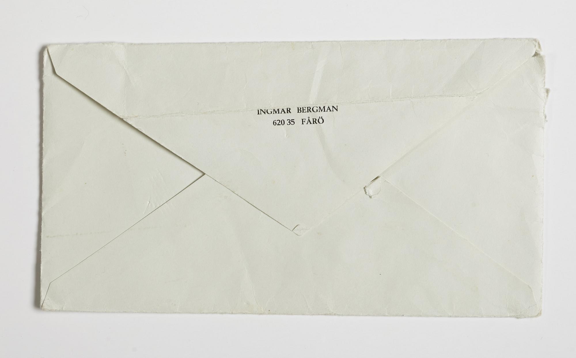 LETTER from Ingmar Bergman to his daughter Anna, dated "1985 innan Julen. Fröken Julie". Envelope enclosed.
