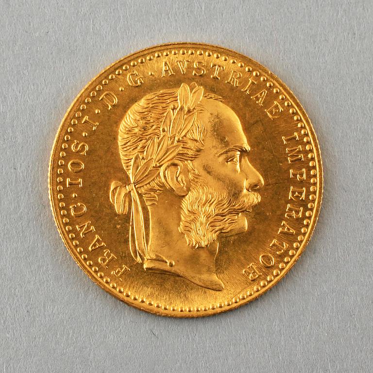 GULDMYNT, 23 karat guld, Österrike-Ungern, 1915. Vikt 3,5 gram.