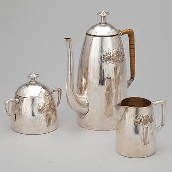 KAFFESERVIS, 3 delar, nysilver, jugendstil, möjligen Kayser, Ellison & Co, 1900-talets första hälft.