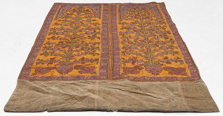 Embroidery, a pair, semi-antique Pateh Kirman, approx. 122 x 190 cm in total.
