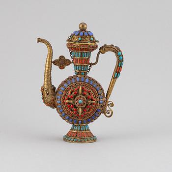 A Tibetan metal and stone inlay pot, 20th century.