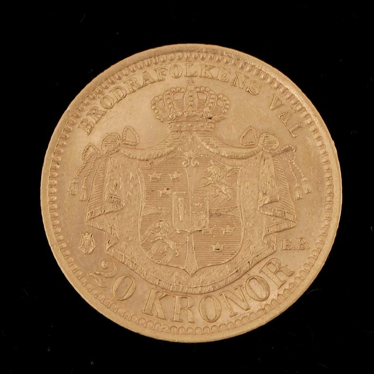 GULDMYNT, 20 Kronor, Oscar II, Sverige-Norge 1889. Vikt ca 8 gram.