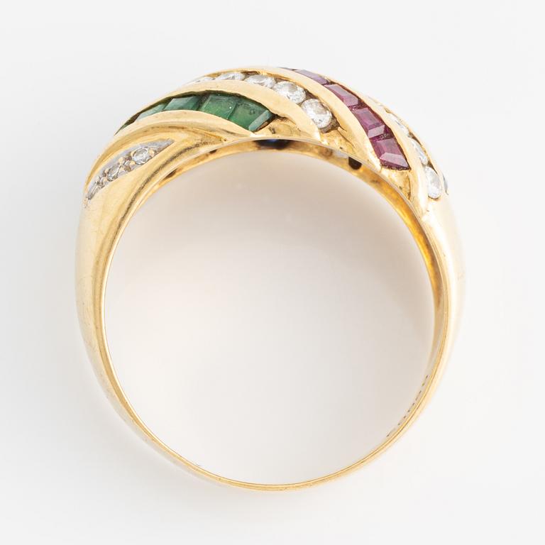 Ring, with brilliant-cut diamonds, emeralds, rubies, and sapphires.