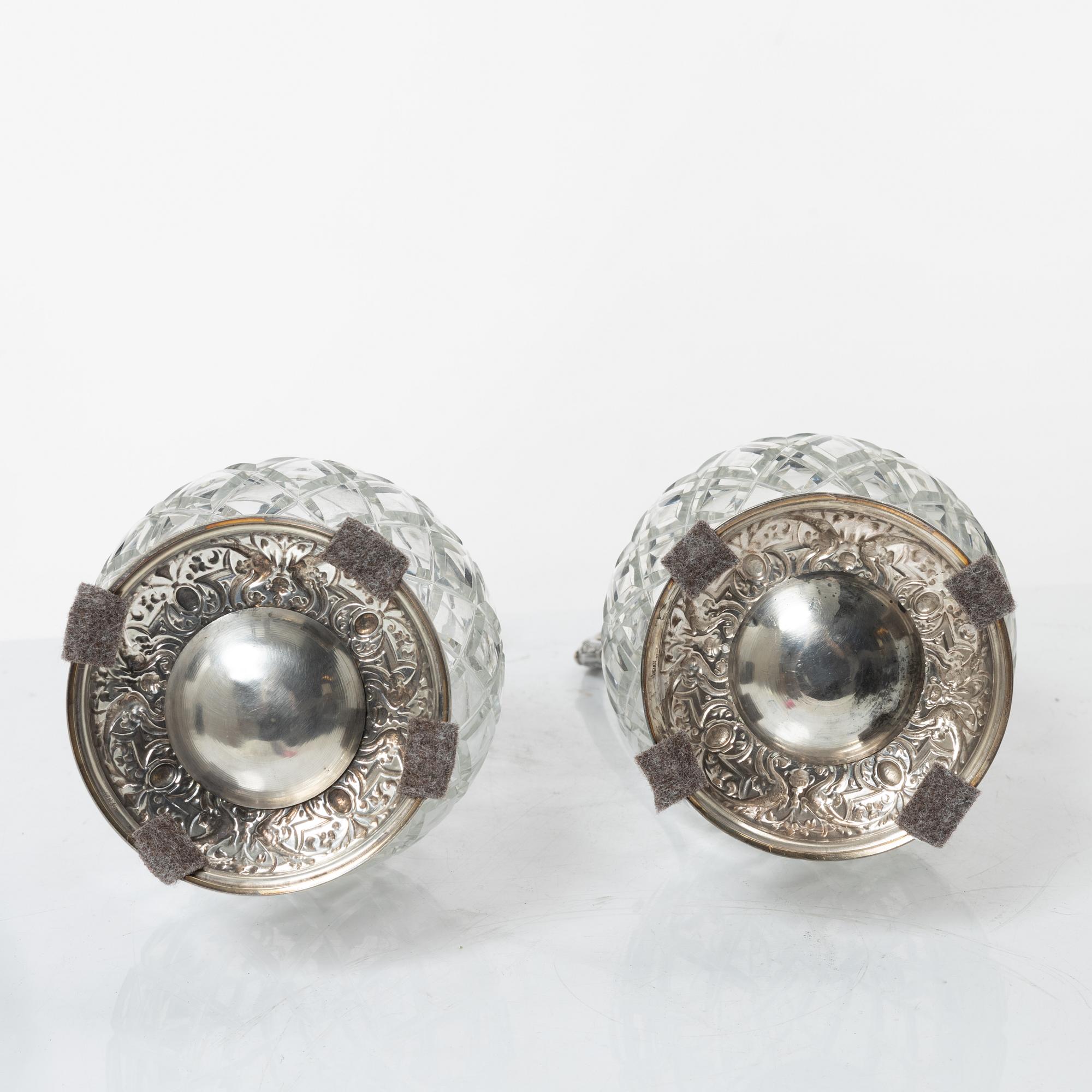 Decanters, a pair, silver and glass, with mark of G Möllenborg, Stockholm 1877.