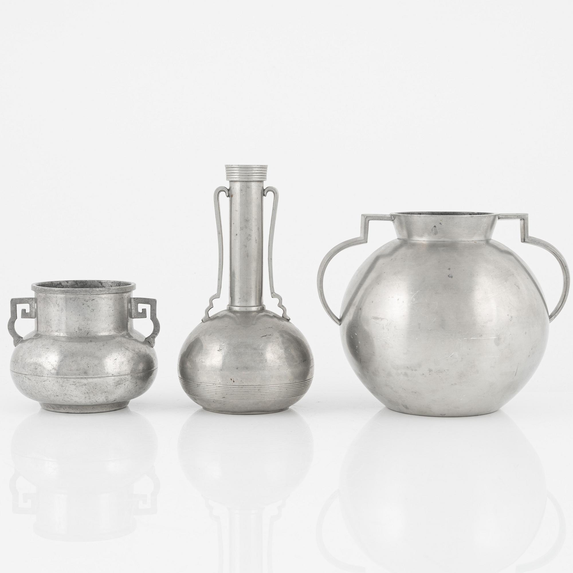 Three pewter vases, bearing the mark of GAB, Stockholm, 1933-35.