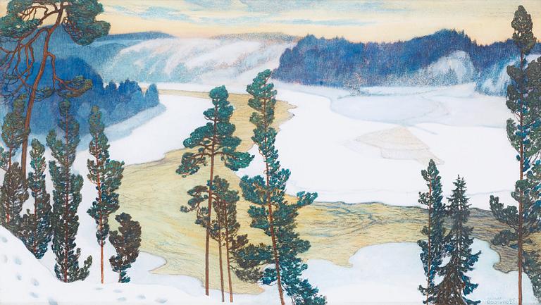 Helmer Osslund, "Vårvinterdag med nysnö, Forsmo" (Early spring with newly fallen snow, landscape from Forsmo).