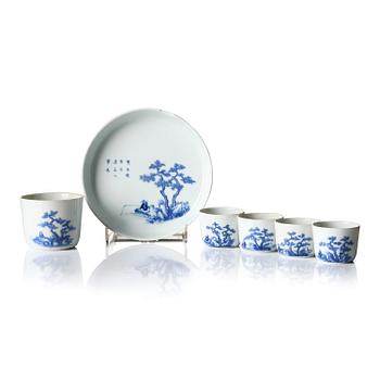 1371. A set of five blue and white cups and a saucer, Qing dynasty, 19th century for the Vietnamese market.