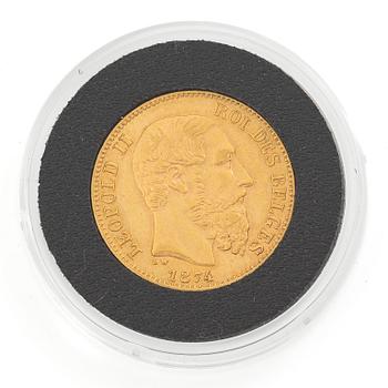 Gyldmynt, Belgien, Leopold II, 20 francs, 1874,