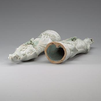A pair of blanc de chine Guanyins, Qing dynasty, 19th Century.