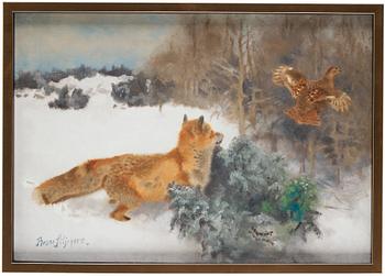 518. Bruno Liljefors, Winter landscape with fox and fleeing black grouse.