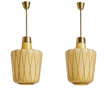 160. A pair of Swedish vanilla coloured glass ceiling lights with fretted rattan, 1930-40's.