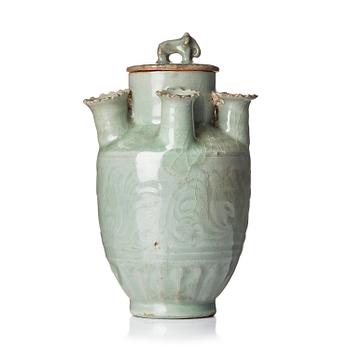 979. A rare celadon vase with cover and five spouts and cover, Song dynasty (960-1279).