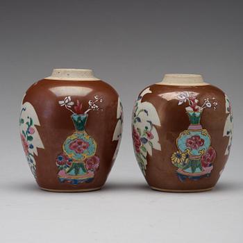 A pair of famille rose and cappuciner brown jars, Qing dynasty, Qianlong (1736-95).