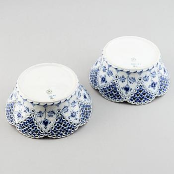 Royal Copenhagen, a pair of '1061' 'Musselmalet Full Lace' porcelain bowls, Denmark.