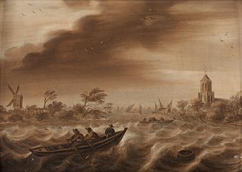 Willem van de Velde Circle of, Stormy sea with figures in boat.