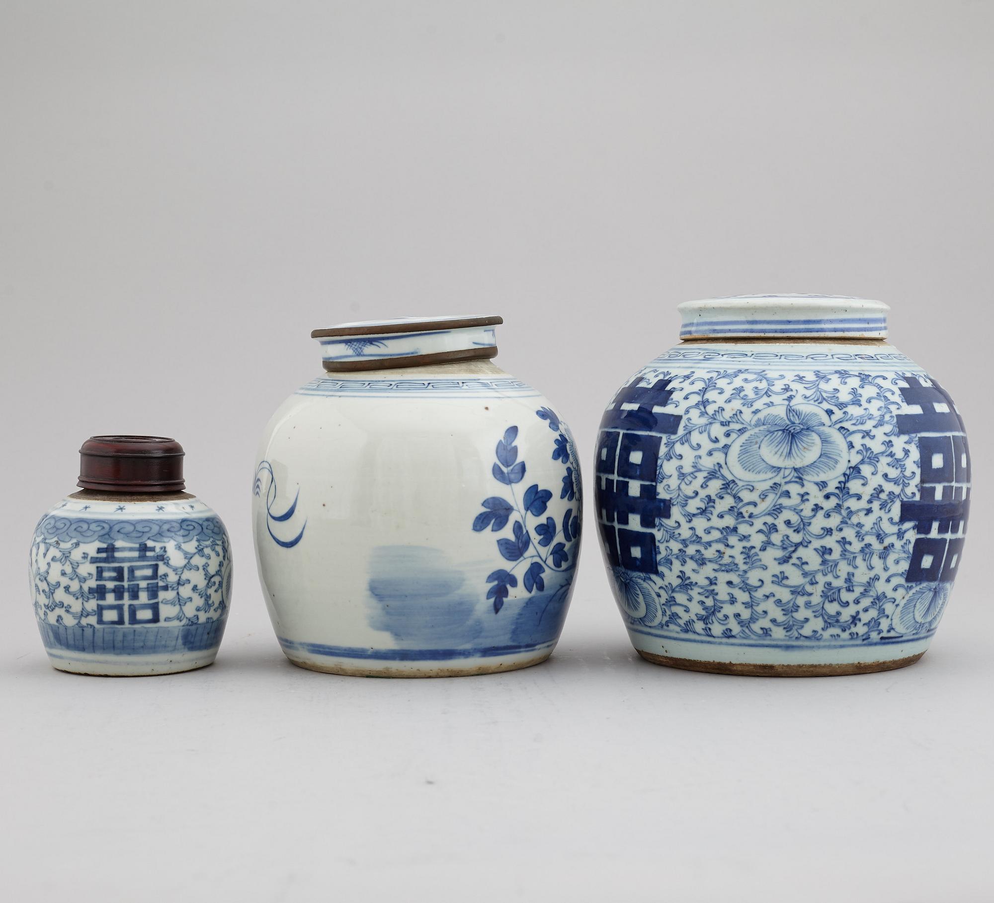 A set of three odd blue and white jars, late Qing dynasty, 19th Century.