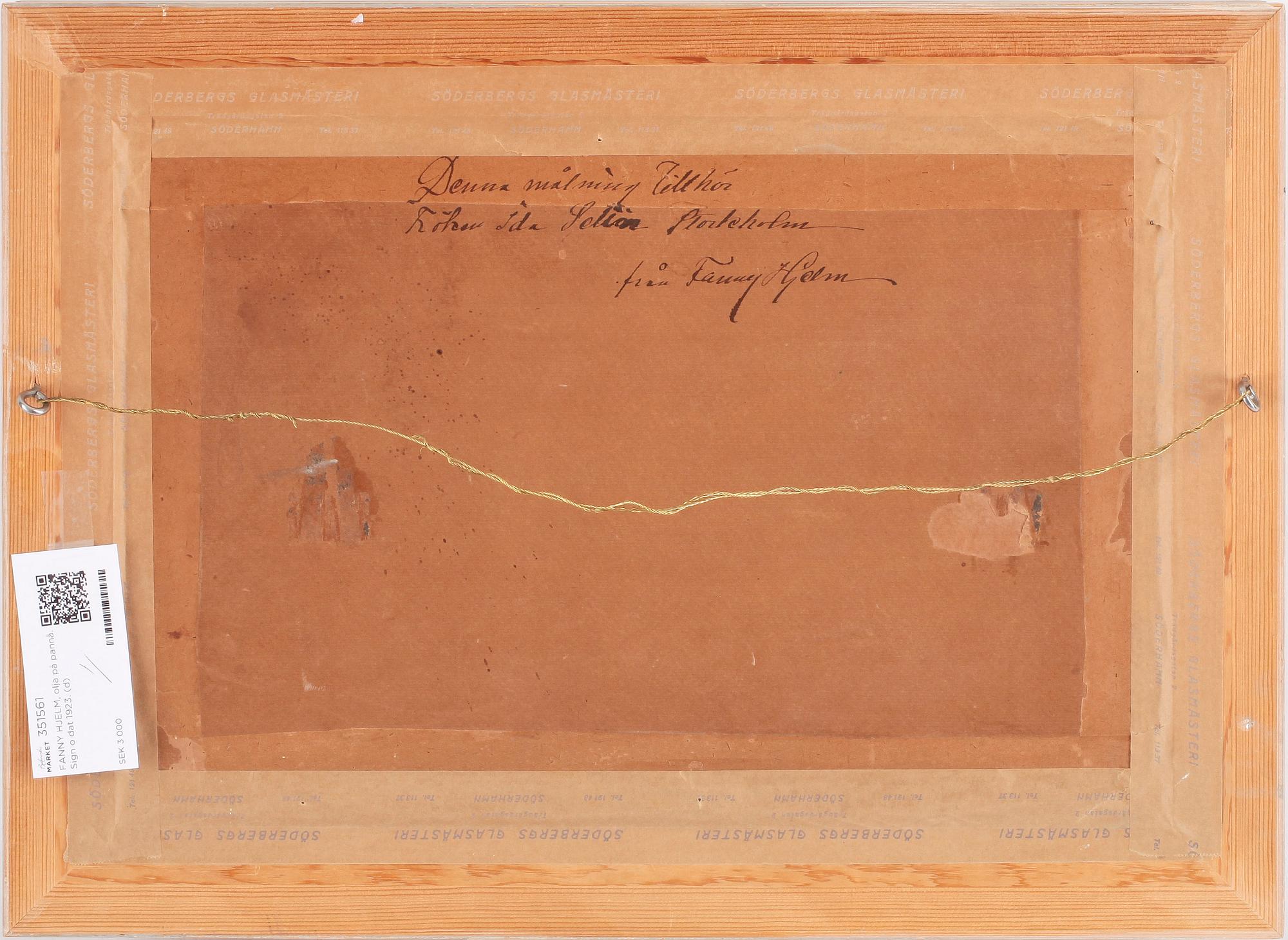 FANNY HJELM, olja på pannå. Sign o dat 1923.