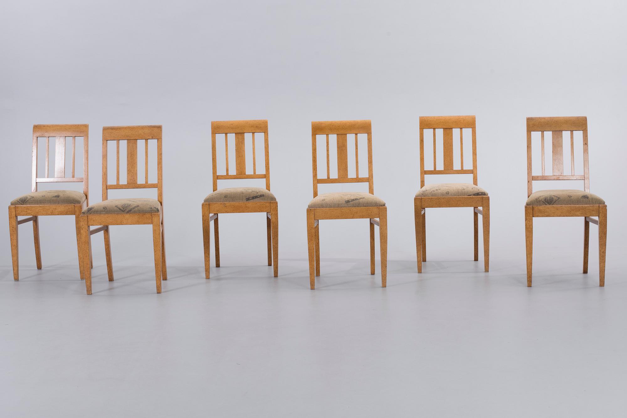 SOFFA samt 6 STOLAR, masurbjörk, omkring 1900.