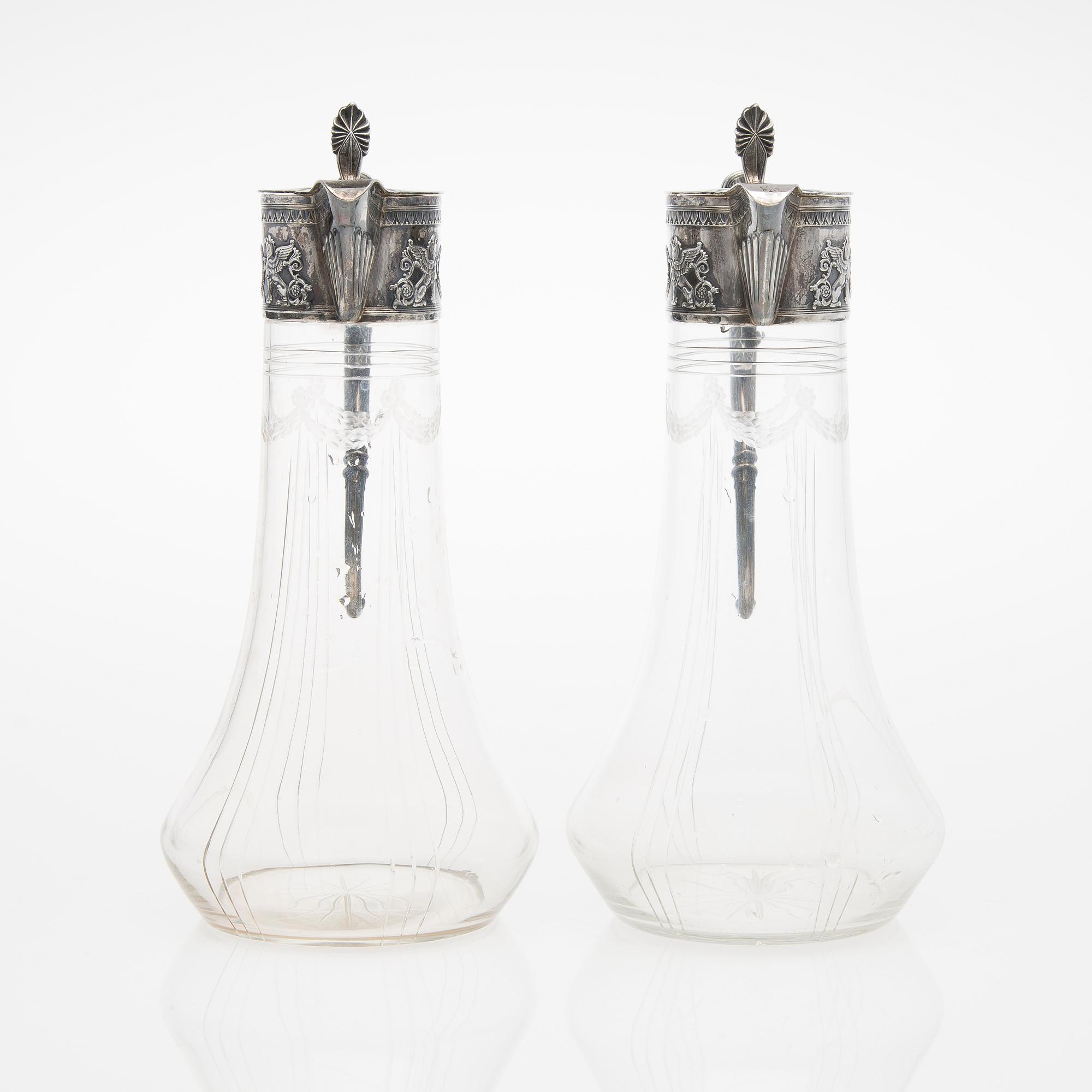 VINKANNOR, ETT PAR, silver och glas, Lazarus Posen, Frankfurt 1900-talets början.
