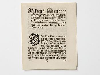 A Swedish share certificate, Ahlingsåhs Manufaktur Werk, No 175, 1728.