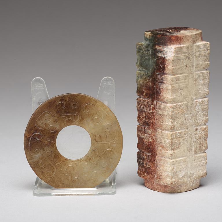 An archaistic Chinese nephrite cong and bi disc.