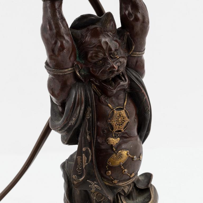 A Japanese bronze censer remodelled in to a lamp, Meiji period (1868-1912).