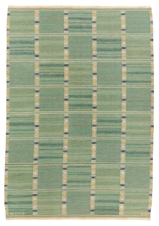 Barbro Nilsson, matto, "Falurutan grön, Alice", flat weave, ca 218 x 146,5-150,5 cm, signed AB MMF BN.