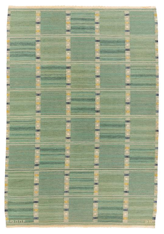 Barbro Nilsson, a carpet, "Falurutan grön, Alice", flat weave, ca 218 x 146,5-150,5 cm, signed AB MMF BN.