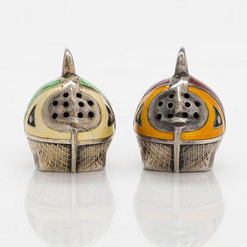 A pair of enamelled sterling silver salt- and pepper shakers, SNM, Norway.