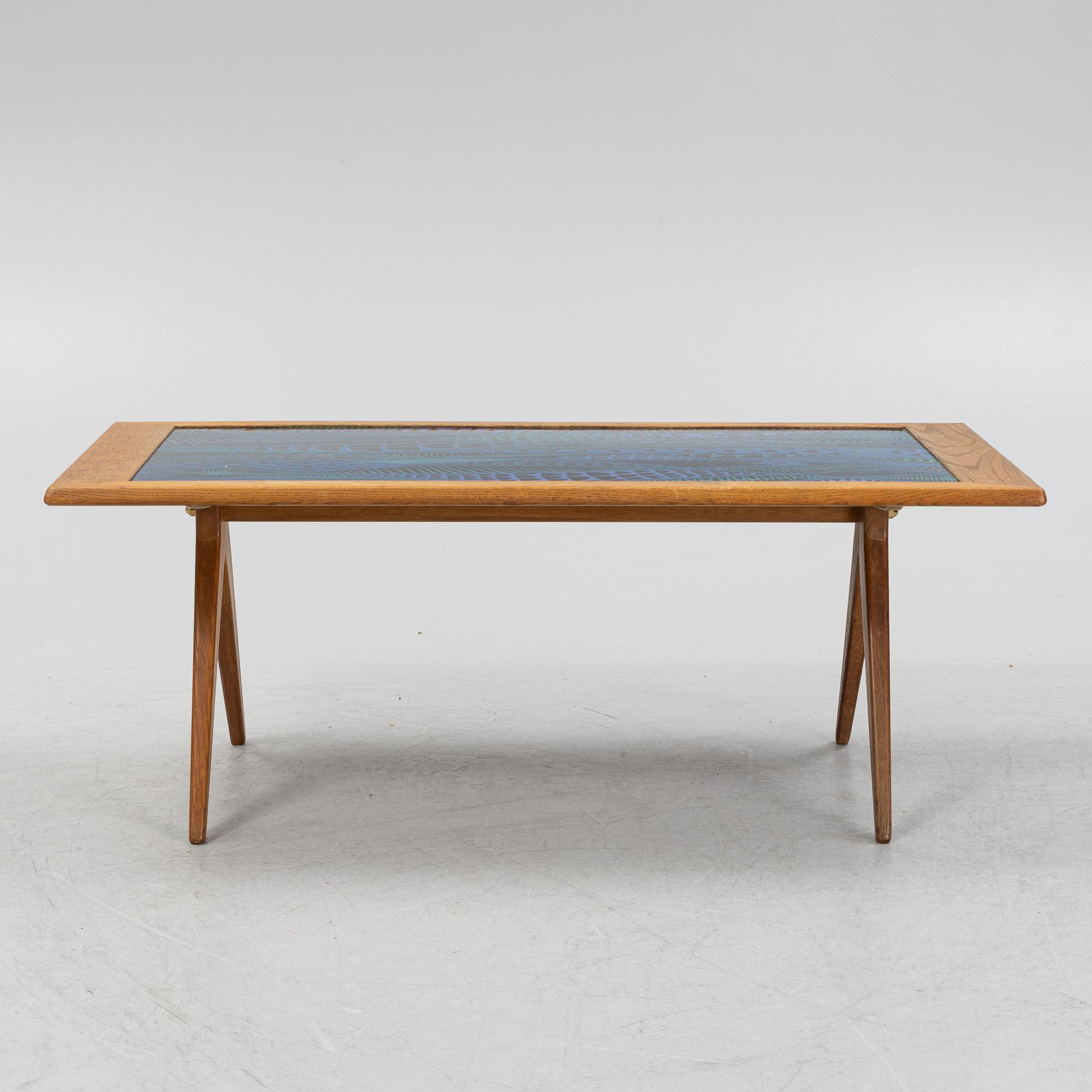 Stig Lindberg & David Rosén, an oak and enamel coffee table from Nordiska Kompaniet and Gustavsberg, 1950's.