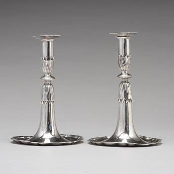 A pair of Swiss 18th century silver candlesticks, unidentified makers mark, Lausanne.