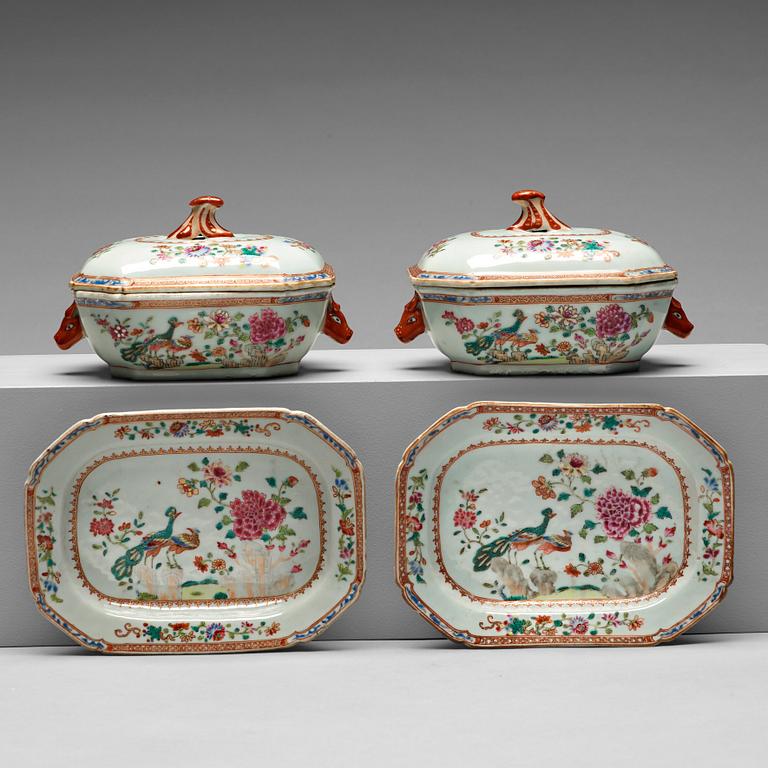 A pair of famille rose 'double peacock' tureens with cover and stands, Qing dynasty, Qianlong (1736-95).