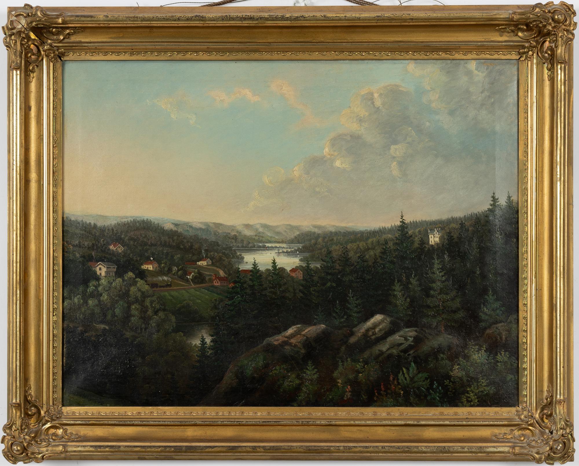 Swedish artist, around 1860. Landscape with steam locomotive.