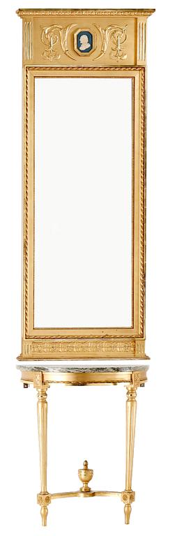 SPEGEL MED KONSOLBORD, gustaviansk stil. Omkring 1900-talets andra kvartal.