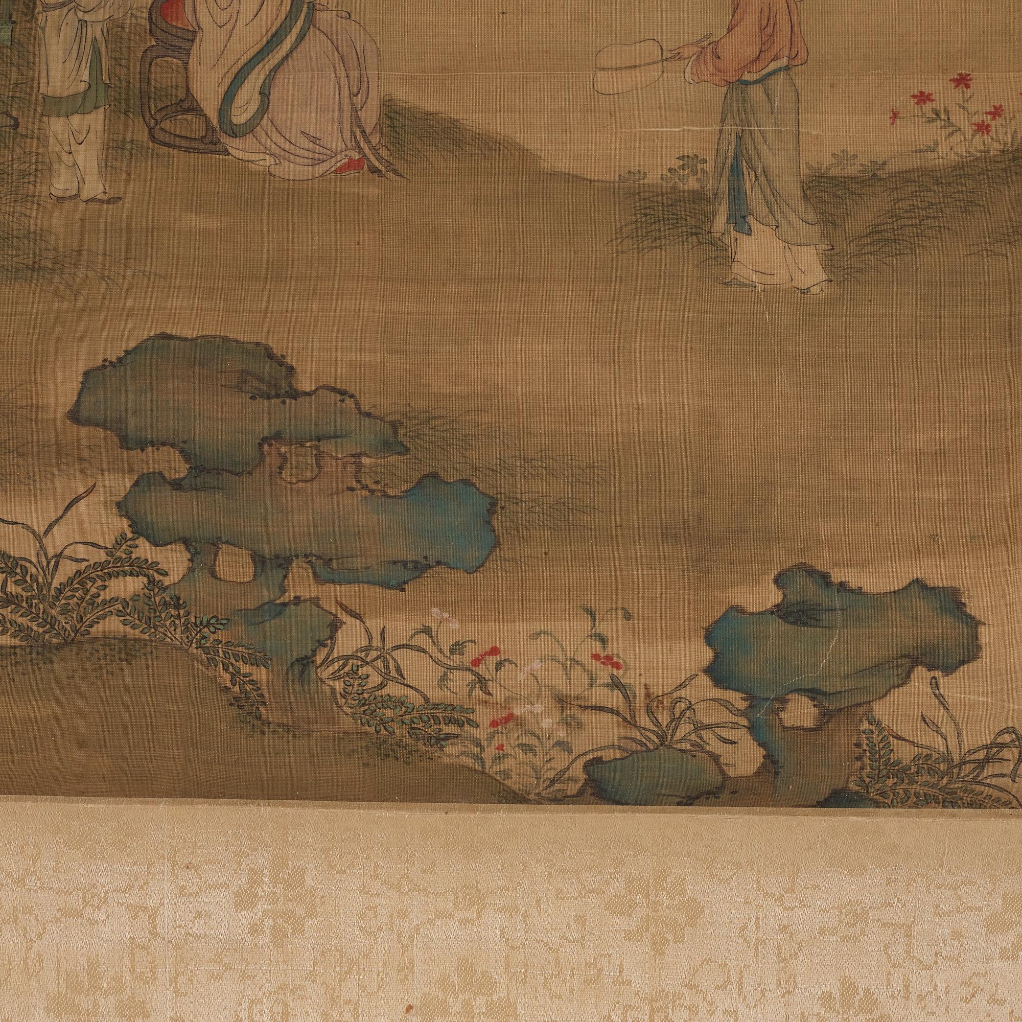 Rullmålning, färg och tusch på siden lagd på papper. Qing dynastin, troligen 1700-tal.