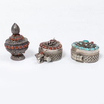 A group of five silver boxes with covers, South East Asia, 20th century.