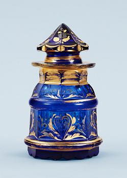 852. A gilt Russian blue glass tea caddy with cover, 19th Century.