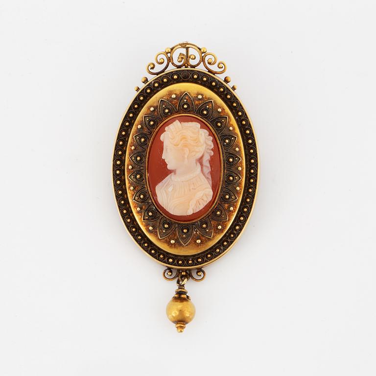 Hänge, brosch med camé med hårgömma,