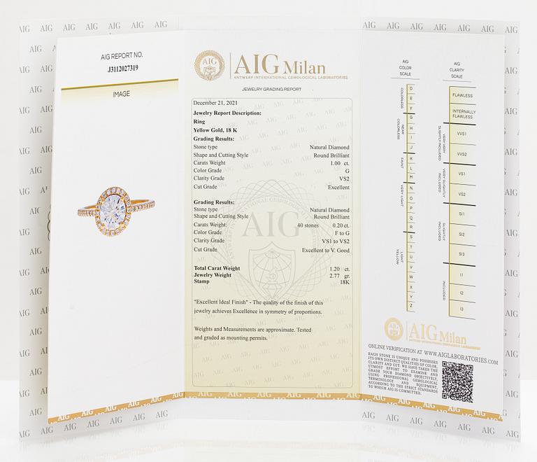 An 18K gold ring with diamonds ca. 1.20 ct in total. With AIG certificate.