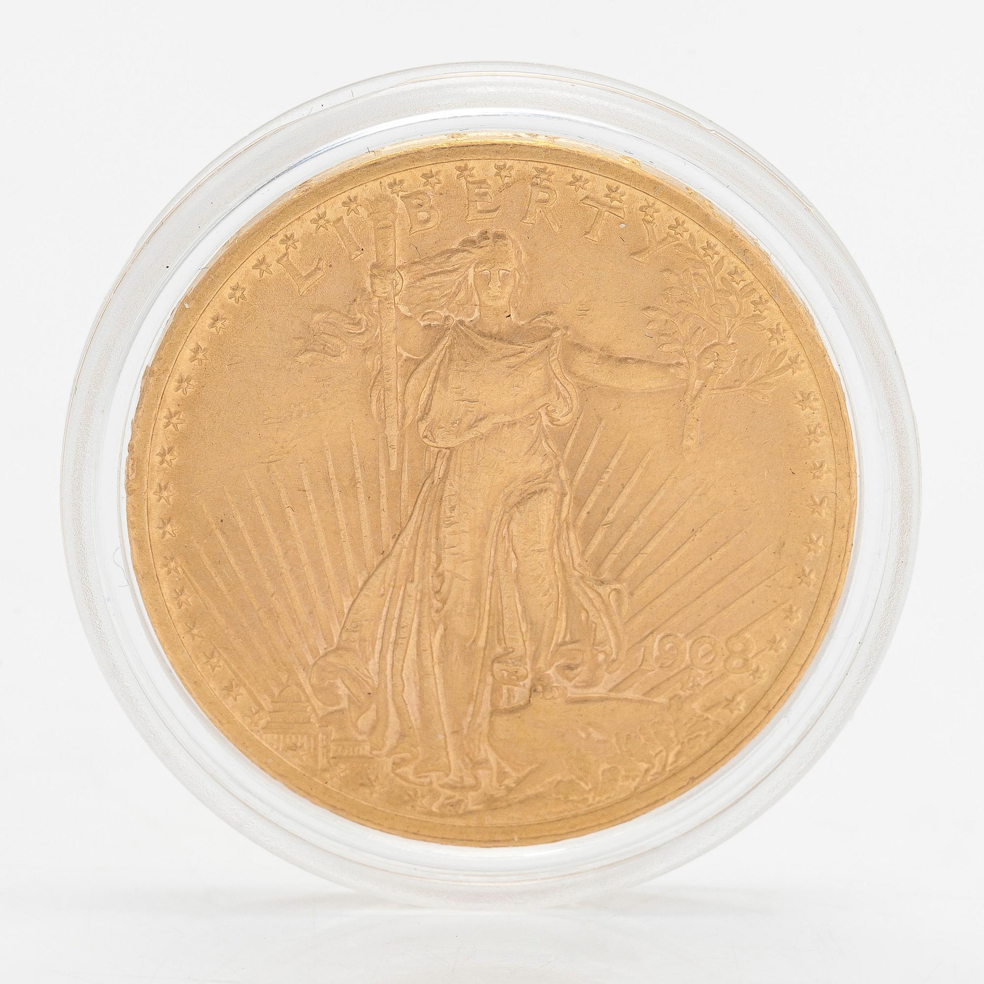 Gold coin, 20 dollars, USA 1908 gold 900/1000. Weight circa. 33.5 g.