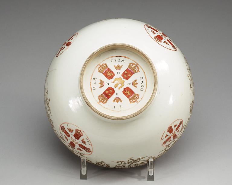 A rare grisaille armorial punch bowl, Qing dynasty, Yongzheng, 1730's.