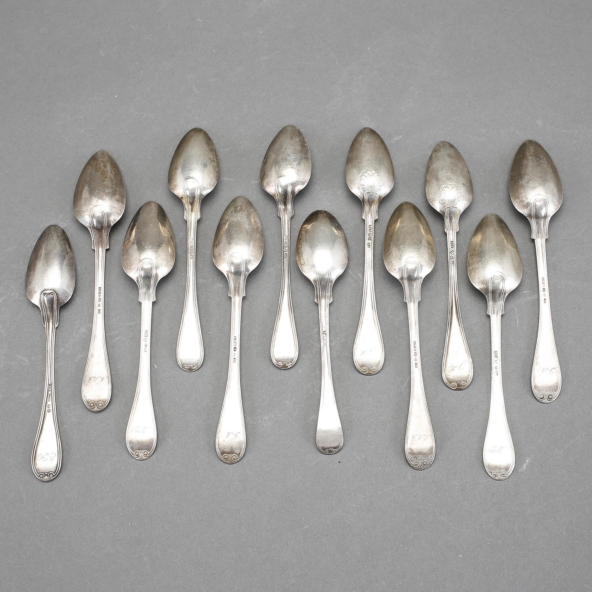 SKEDAR, 12 st, silver, "gammal fransk", bla Otto Wilhelm Kjellberg, Västerås, 1871. Vikt ca 190g.