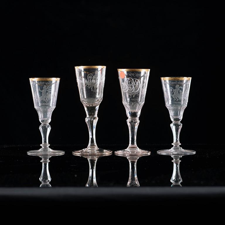 Four Silesian cut and engraved wineglasses, 1750/60's.