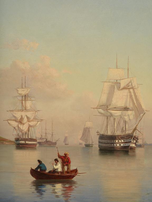 Ehrnfried Wahlqvist Warship at anchor in calm waters by Kronborg Castle.