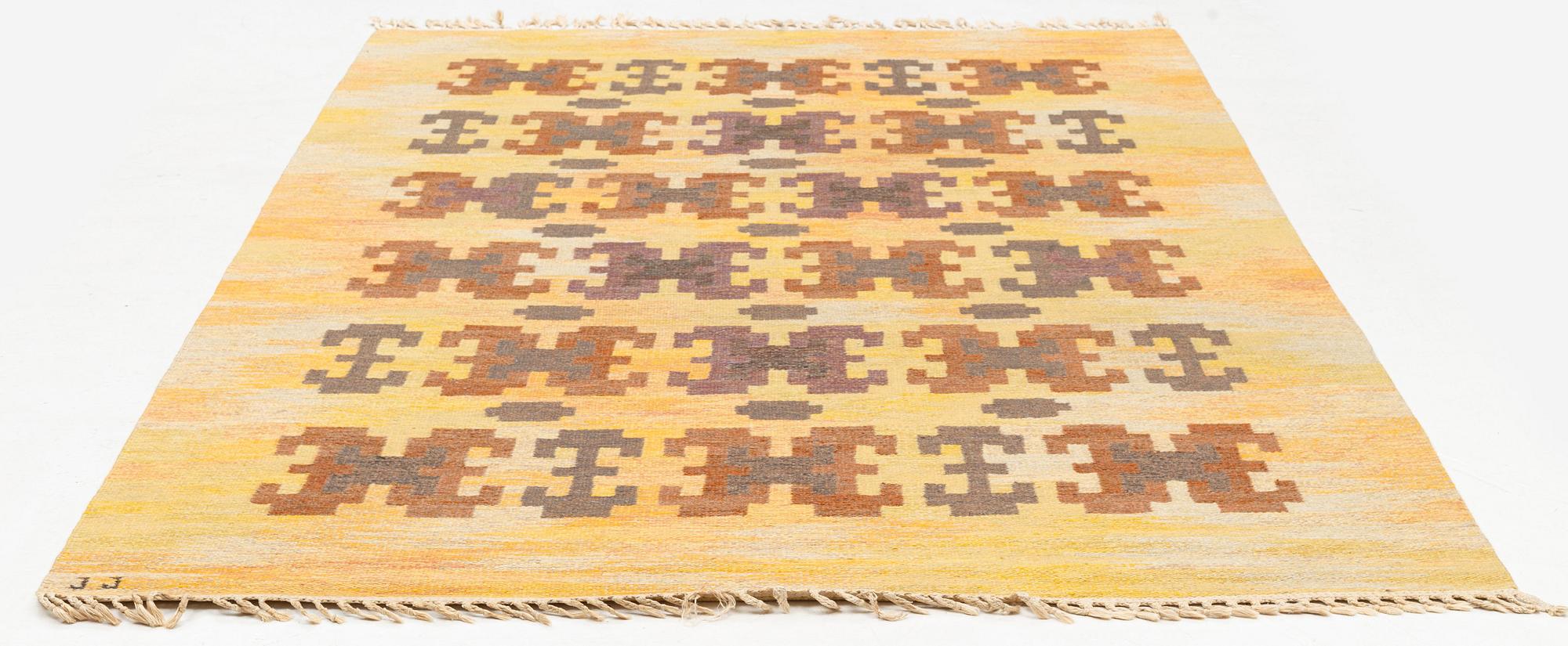 Judith Johansson, a carpet, 'Kastanjelöv' flat weave, c 309 x 195 cm, signed JJ.