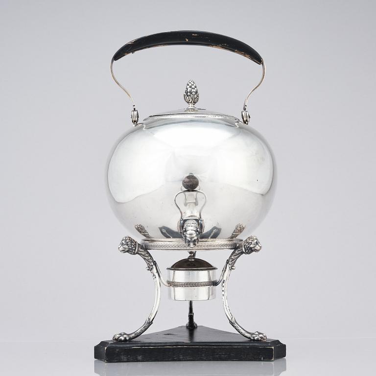 A Swedish 19th century silver tea-urn with stand and burner, mark of Gustaf Möllenborg, Stockholm 1826.