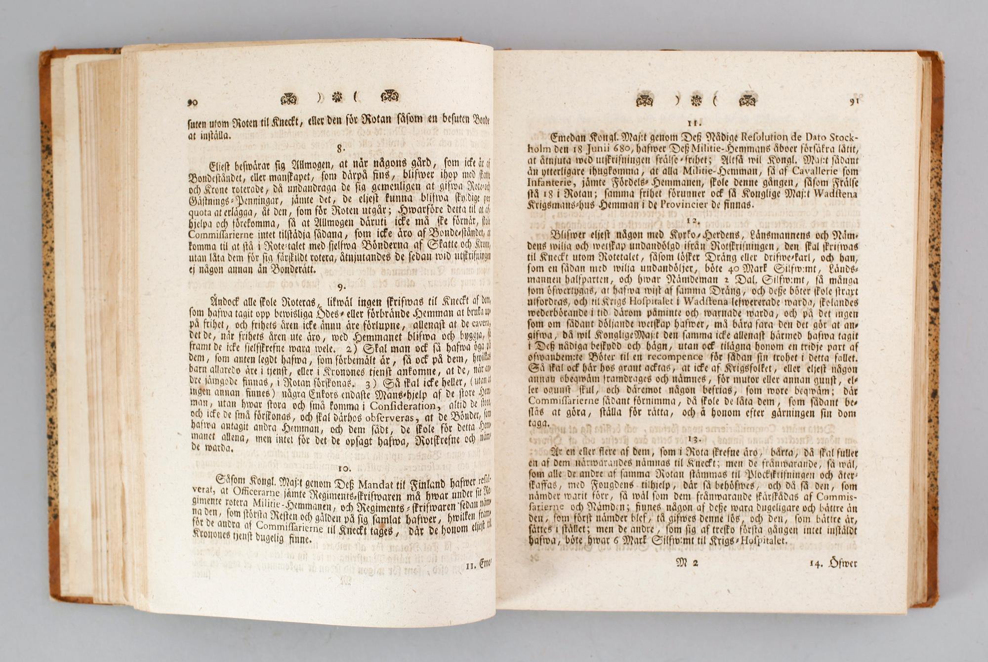 BÖCKER: 2 volymer, Kongl Stadgar, Förordningar, Bref och Resolutioner ang Swea Rikes Landt-Milice, 1765.